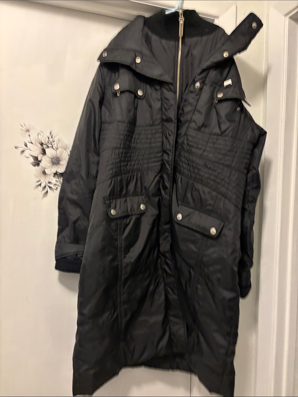 Steve Madden Black Long Puffer Coat with Snap-Flap Pockets